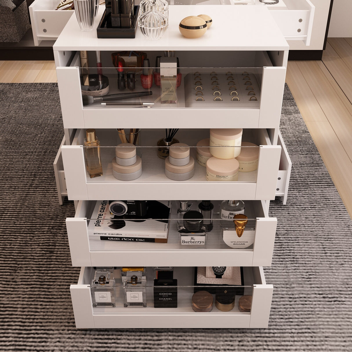 White Dresser Island Modern Bedroom Storage w/Tempered Glass Detailing