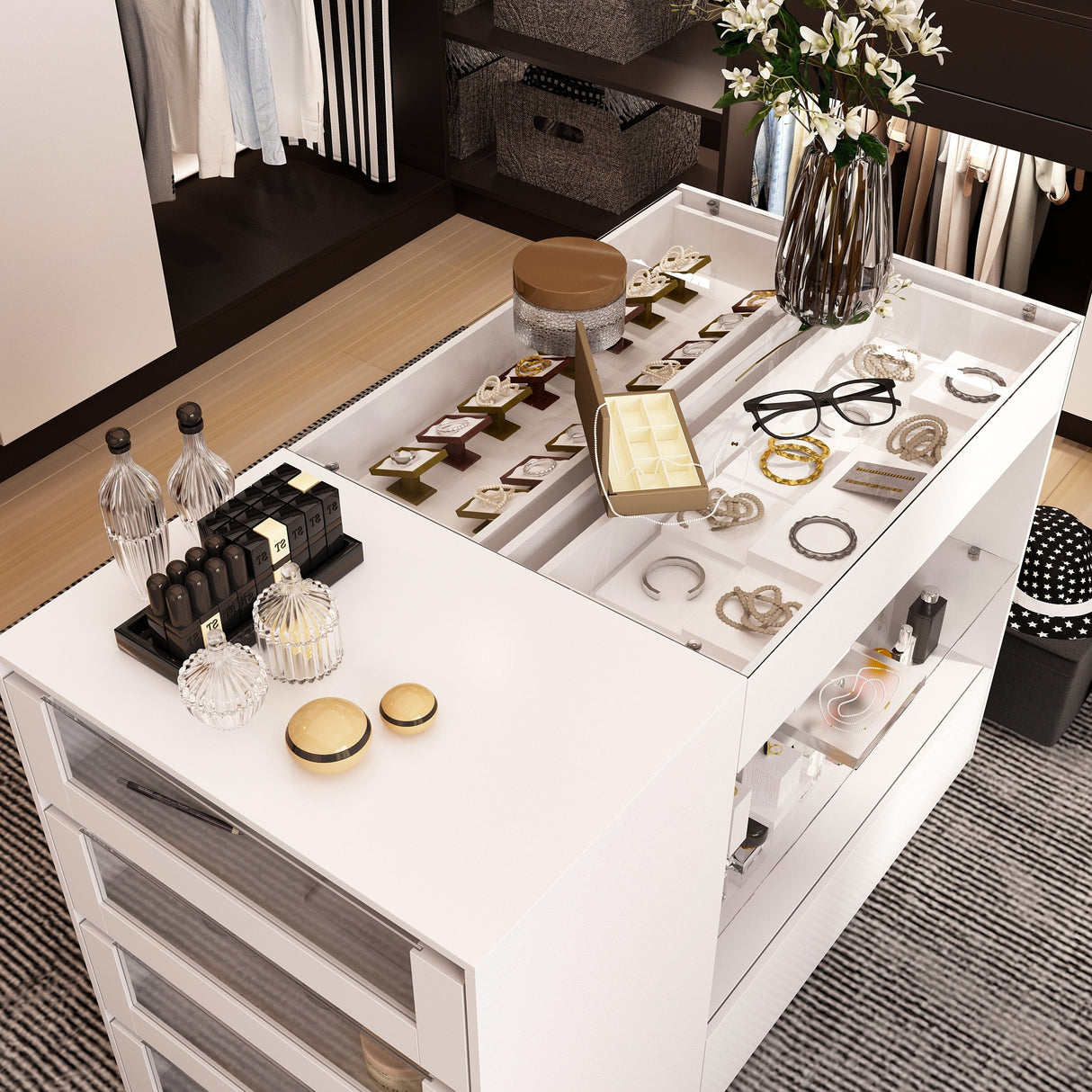 White Dresser Island Modern Bedroom Storage w/Tempered Glass Detailing