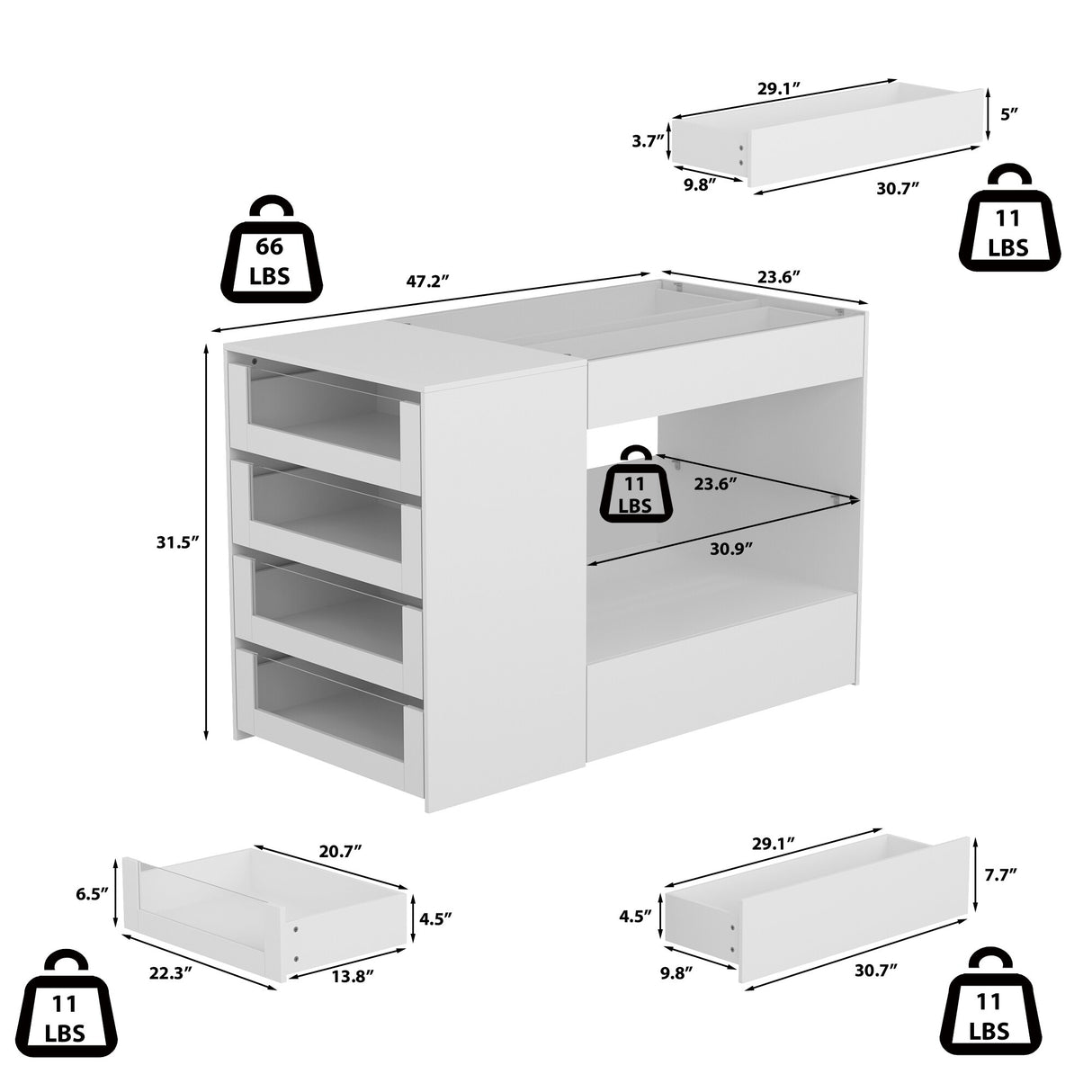 White Dresser Island Modern Bedroom Storage w/Tempered Glass Detailing