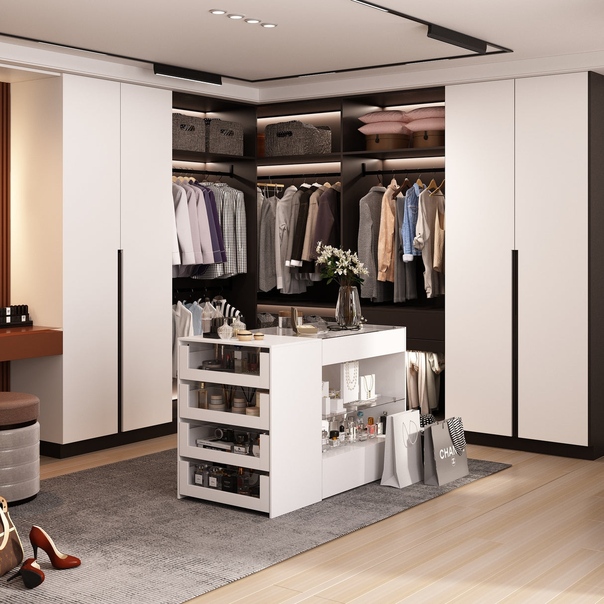 White Dresser Island Modern Bedroom Storage w/Tempered Glass Detailing