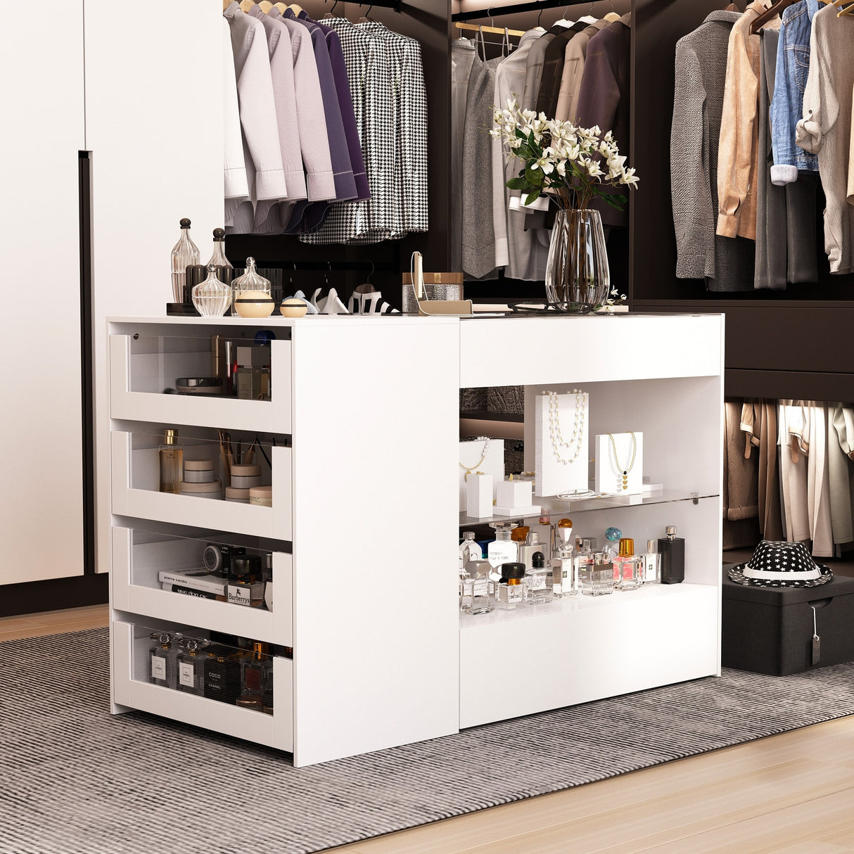 White Dresser Island Modern Bedroom Storage w/Tempered Glass Detailing