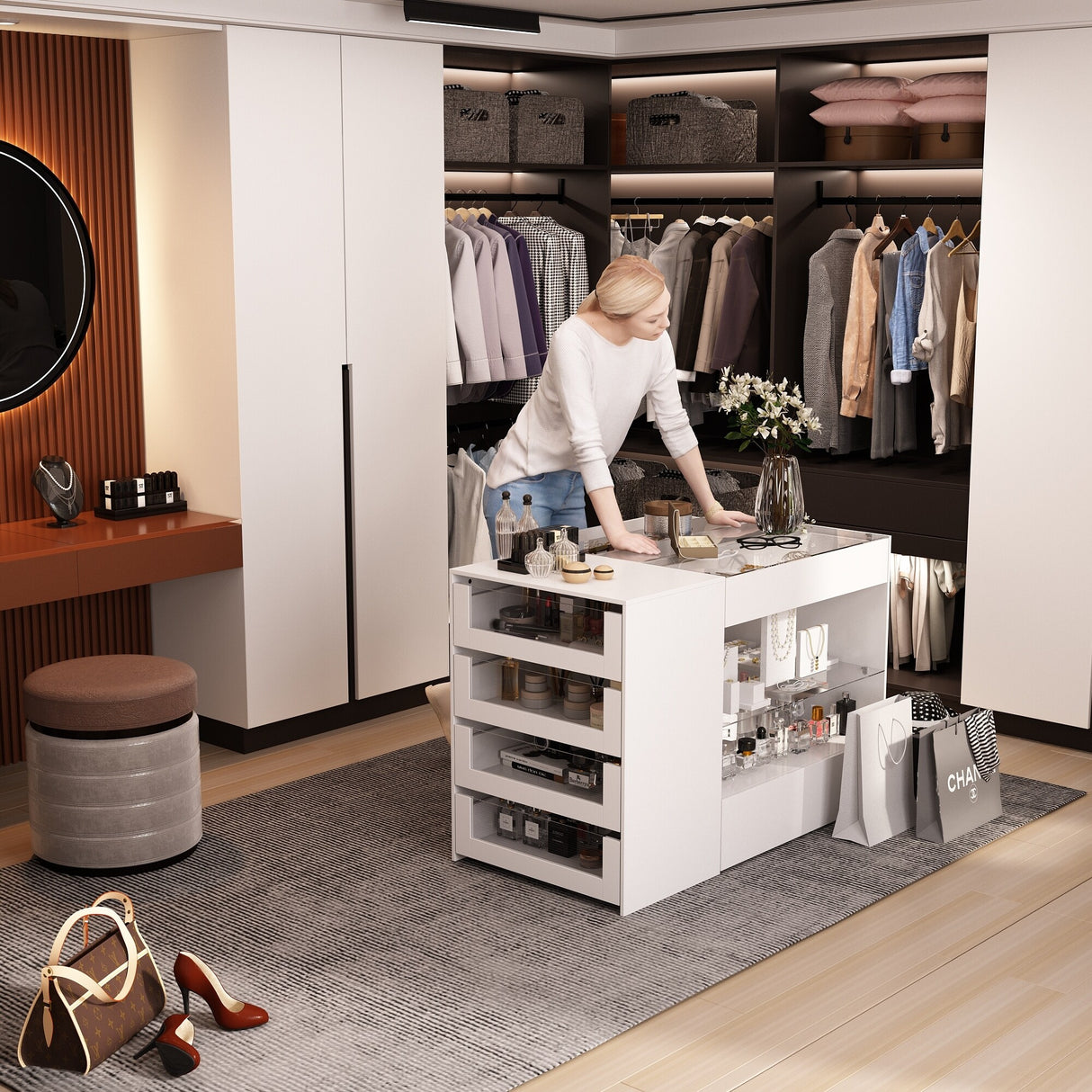 White Dresser Island Modern Bedroom Storage w/Tempered Glass Detailing