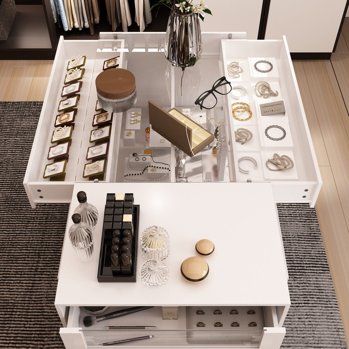 White Dresser Island Modern Bedroom Storage w/Tempered Glass Detailing