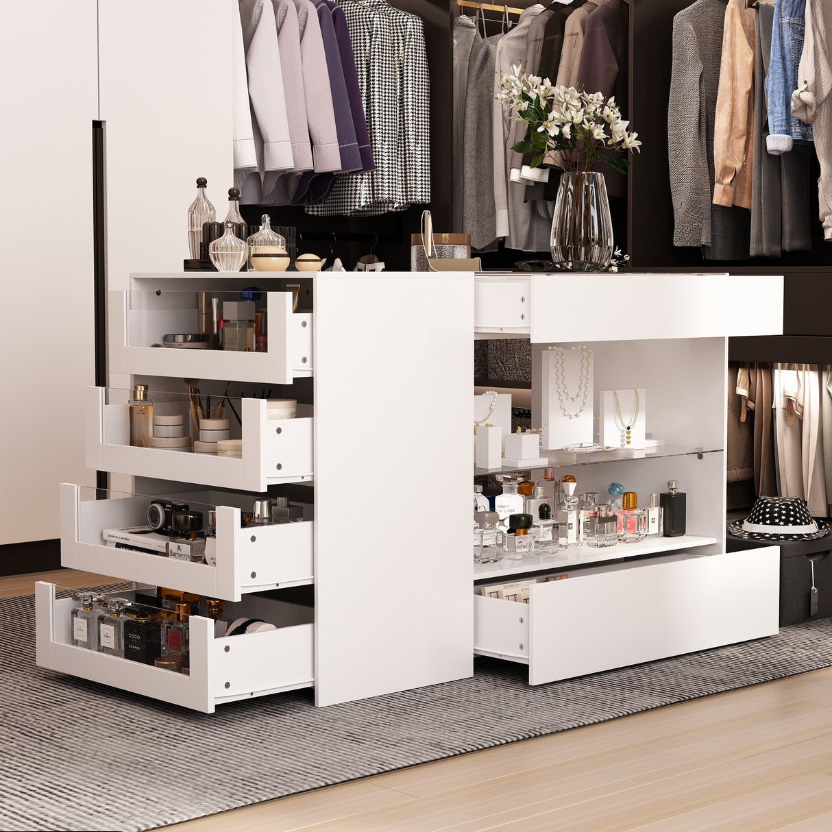 White Dresser Island Modern Bedroom Storage w/Tempered Glass Detailing