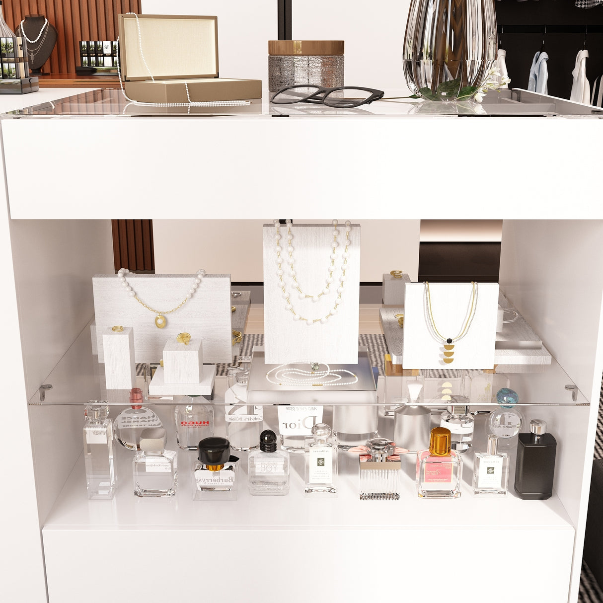 White Dresser Island Modern Bedroom Storage w/Tempered Glass Detailing