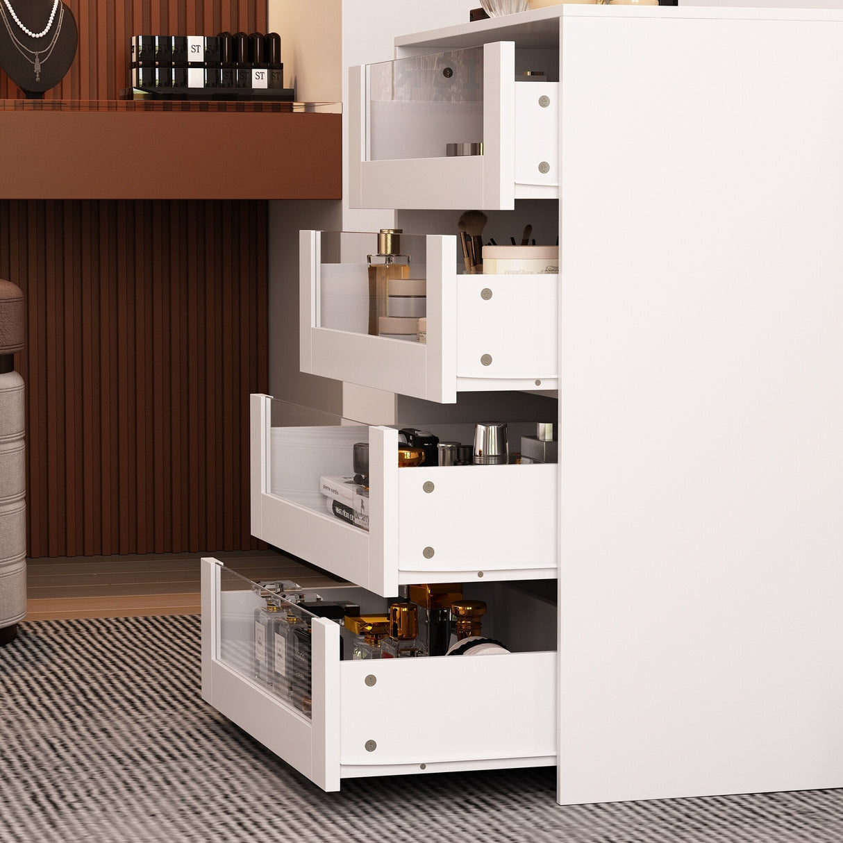 White Dresser Island Modern Bedroom Storage w/Tempered Glass Detailing