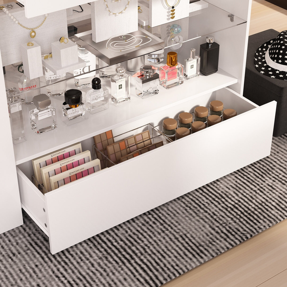White Dresser Island Modern Bedroom Storage w/Tempered Glass Detailing