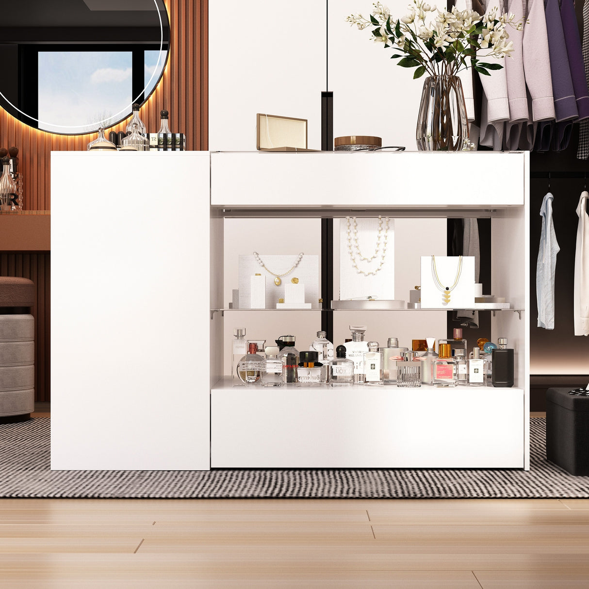 White Dresser Island Modern Bedroom Storage w/Tempered Glass Detailing