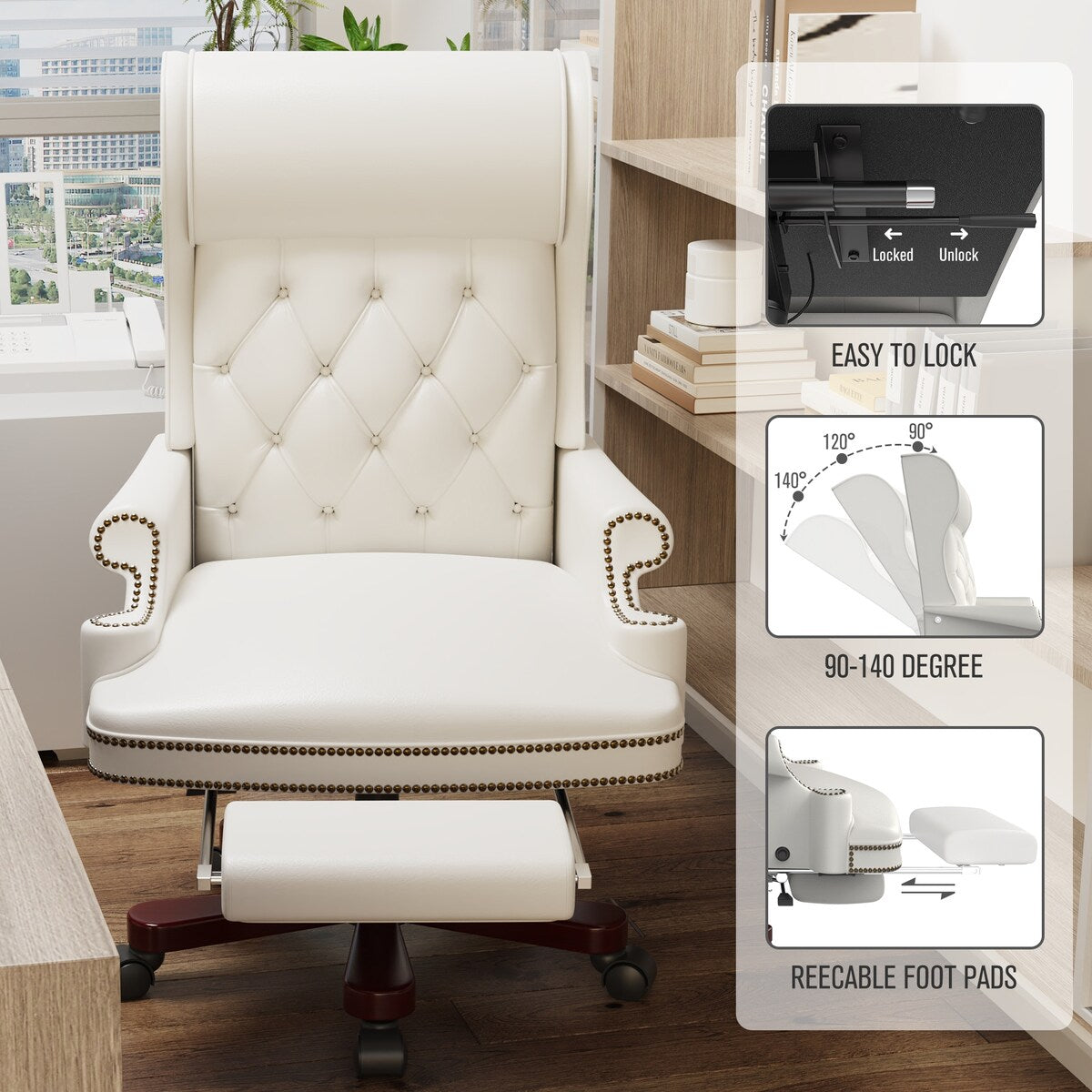White Executive Chair with Footstool, High-back Reclining, Comfortable Desk Chair