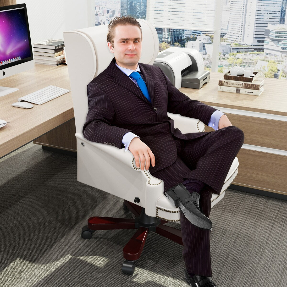 White Executive Chair with Footstool, High-back Reclining, Comfortable Desk Chair