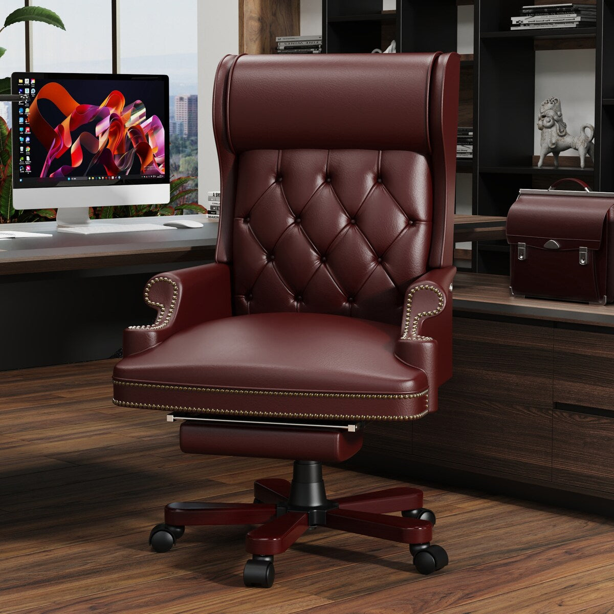 White Executive Chair with Footstool, High-back Reclining, Comfortable Desk Chair