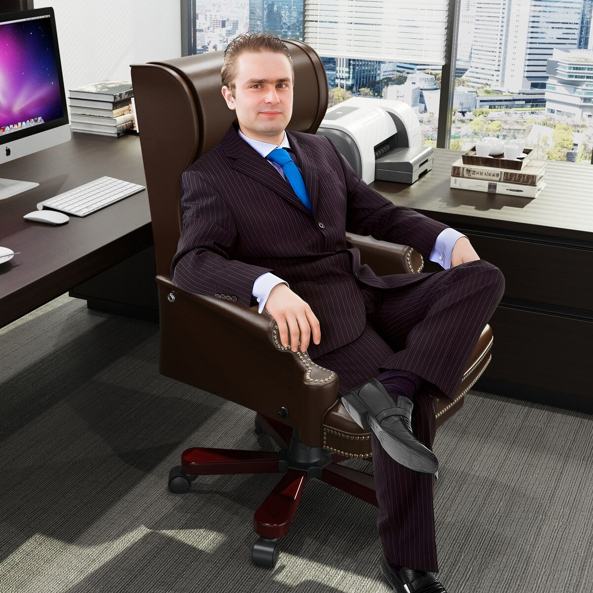 White Executive Chair with Footstool, High-back Reclining, Comfortable Desk Chair