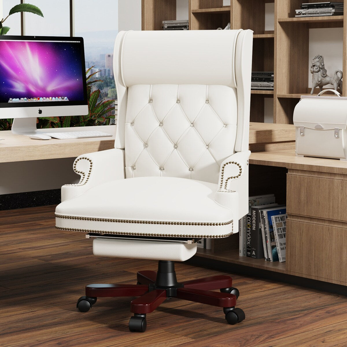 White Executive Chair with Footstool, High-back Reclining, Comfortable Desk Chair