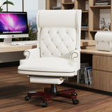 White Executive Chair with Footstool, High-back Reclining, Comfortable Desk Chair