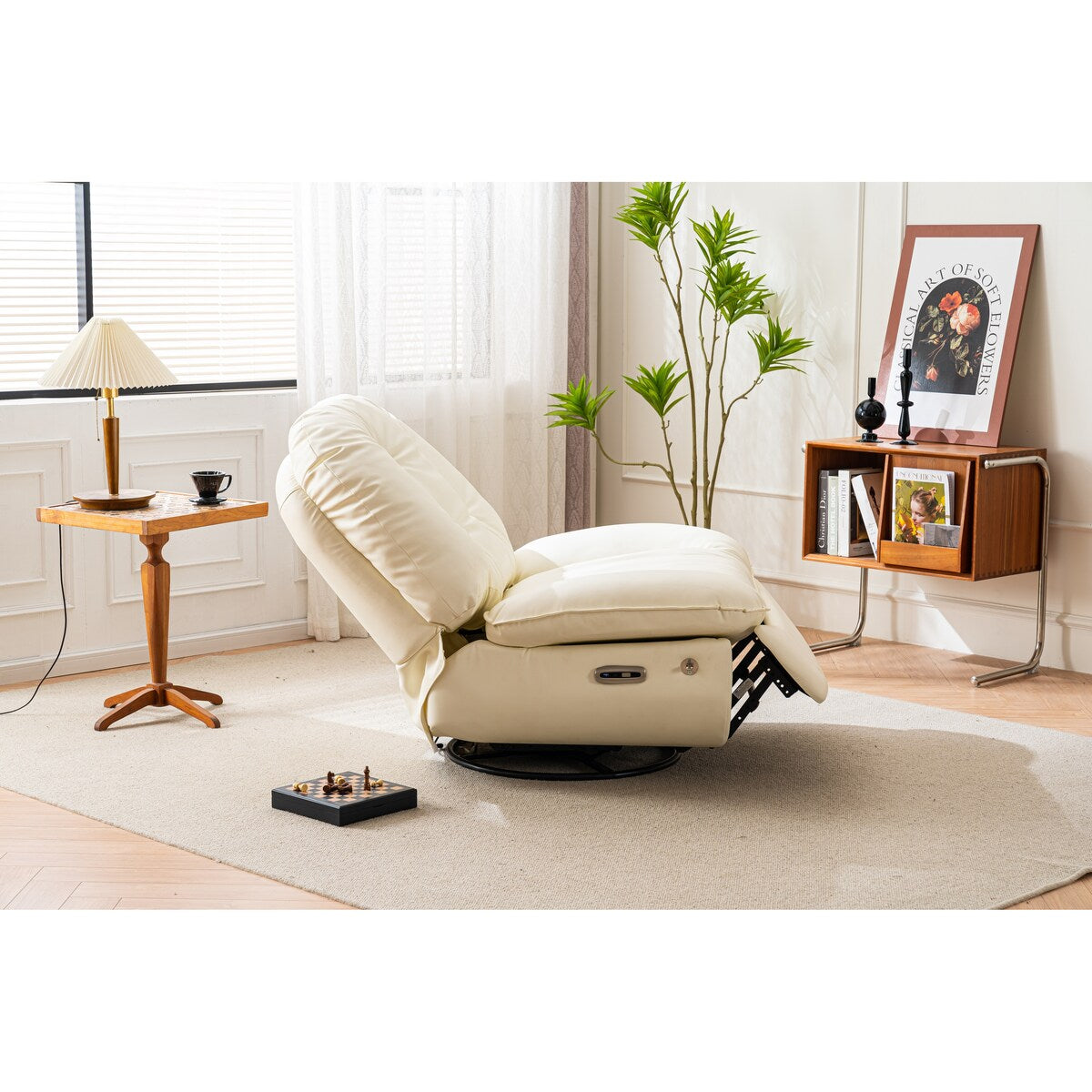 White Fabric 270° Swivel Power Recliner Glider with Bluetooth Music, USB Charger, and Storage