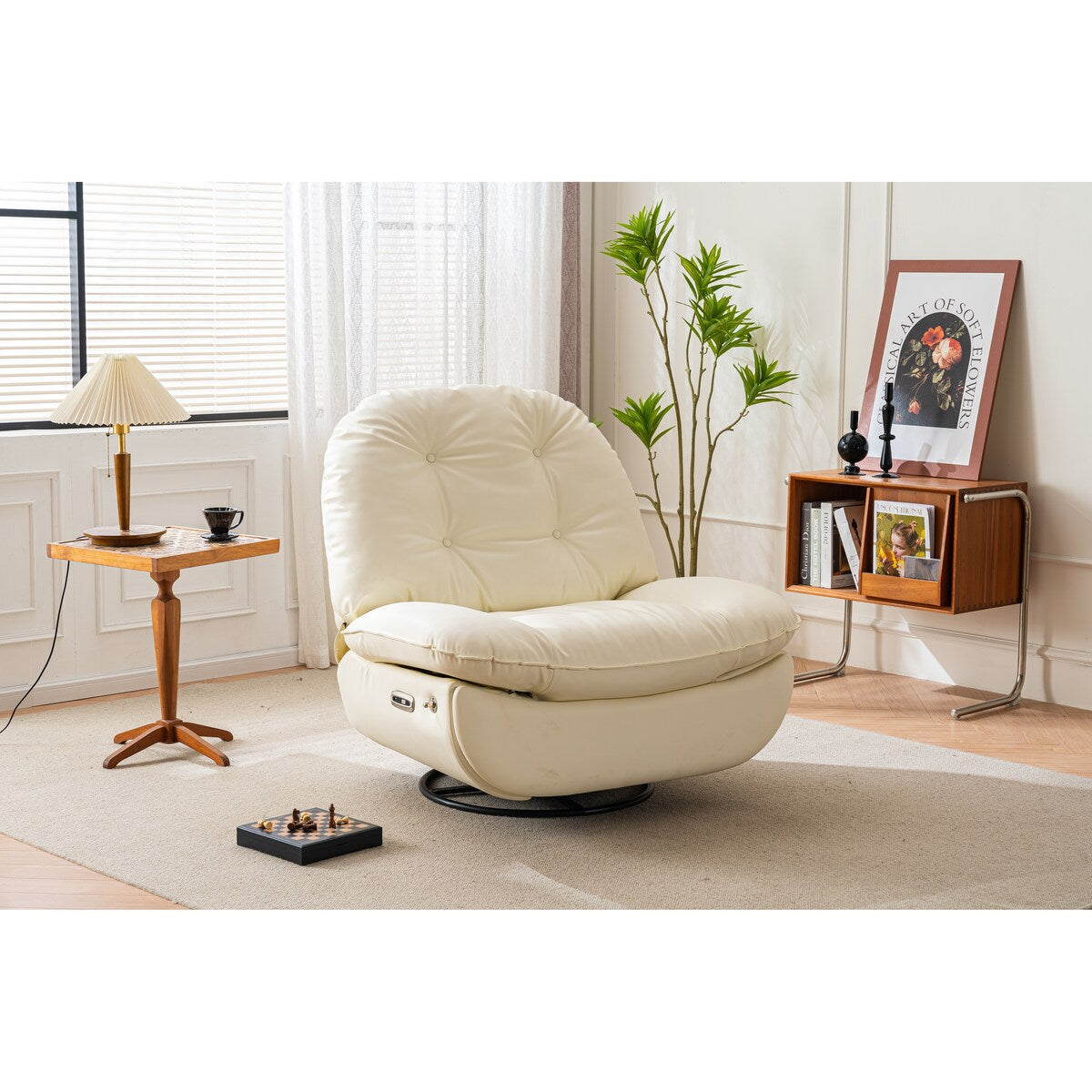 White Fabric 270° Swivel Power Recliner Glider with Bluetooth Music, USB Charger, and Storage