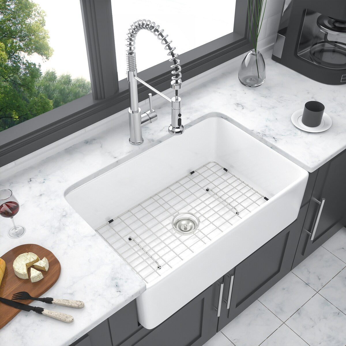 White Farmhouse Sink - 30 inch Kitchen Sink Apron-front White Ceramic Reversible Single Bowl Kitchen Farm Sinks - 30*20*10