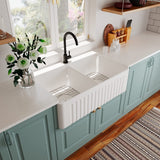 White Fireclay Farmhouse Apron Kitchen Sink with Grid and Strainer