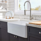 White Fireclay Farmhouse Apron Kitchen Sink with Grid and Strainer