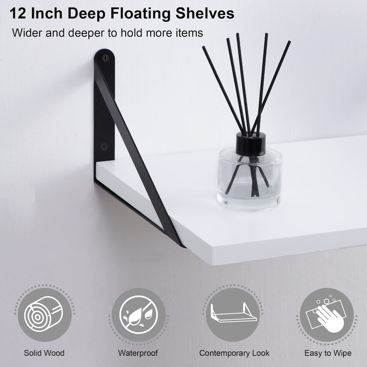 White Floating Shelves, 12 Inch Deep Wall Mounted Shelves Set of 2, Modern Style Solid Wood Shelves for Wall Decor Storage