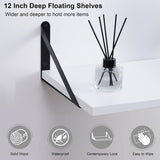 White Floating Shelves, 12 Inch Deep Wall Mounted Shelves Set of 2, Modern Style Solid Wood Shelves for Wall Decor Storage