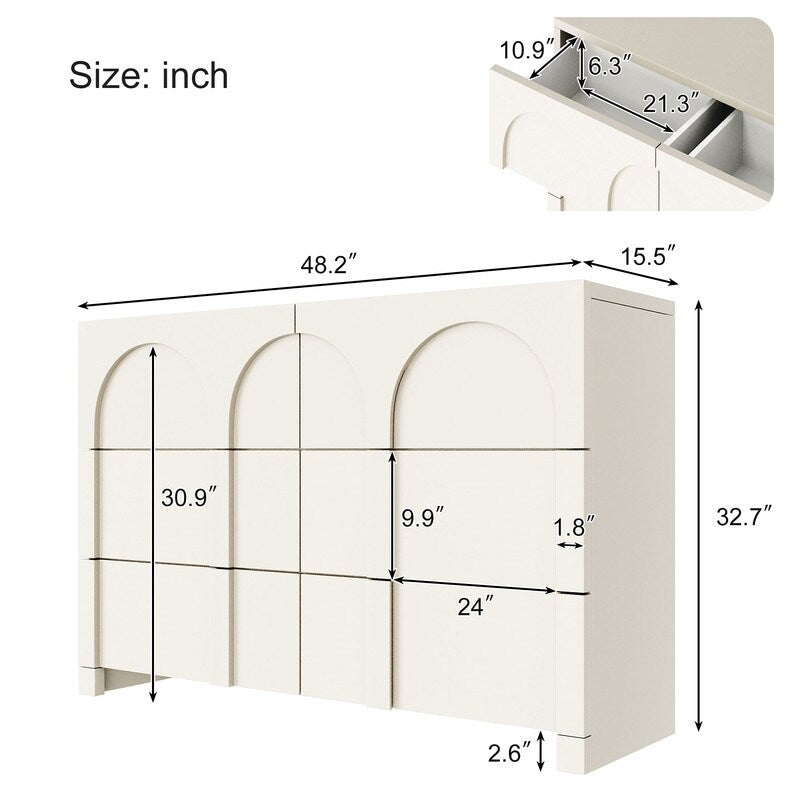 White French Style 6 Drawer Double Dresser, Rubber Wood Accent Storage Cabinet with Arch Door, Closet Chest of Drawers