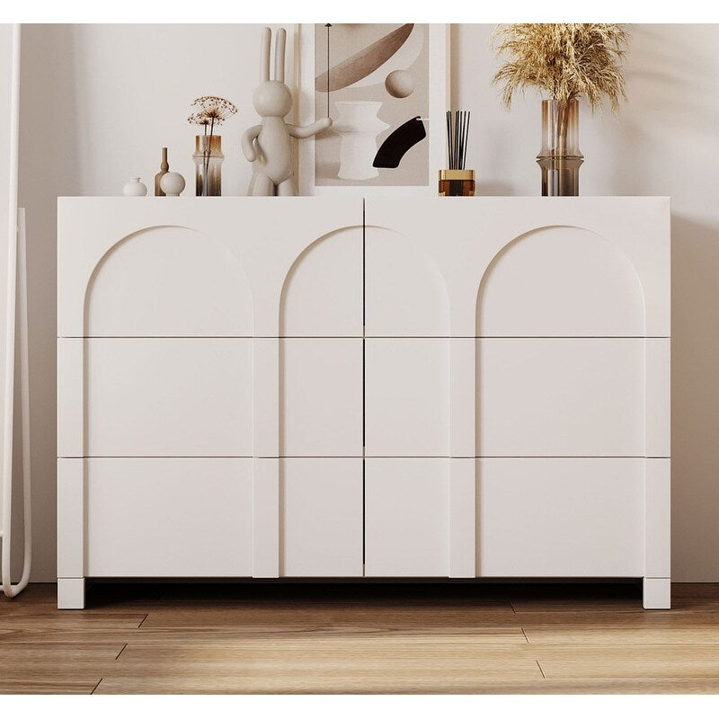 White French Style 6 Drawer Double Dresser, Rubber Wood Accent Storage Cabinet with Arch Door, Closet Chest of Drawers