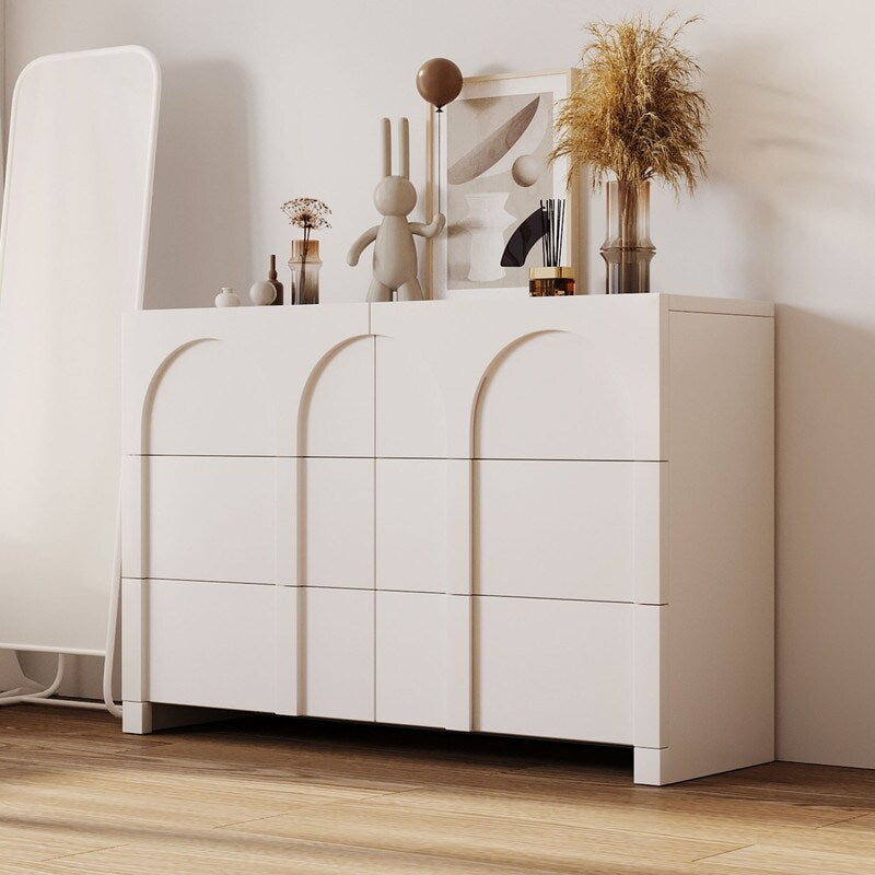 White French Style 6 Drawer Double Dresser, Rubber Wood Accent Storage Cabinet with Arch Door, Closet Chest of Drawers