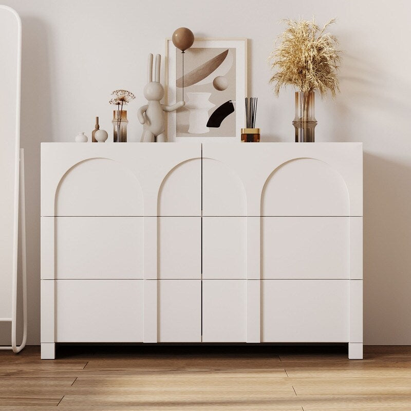 White French Style 6 Drawer Double Dresser, Rubber Wood Accent Storage Cabinet with Arch Door, Closet Chest of Drawers