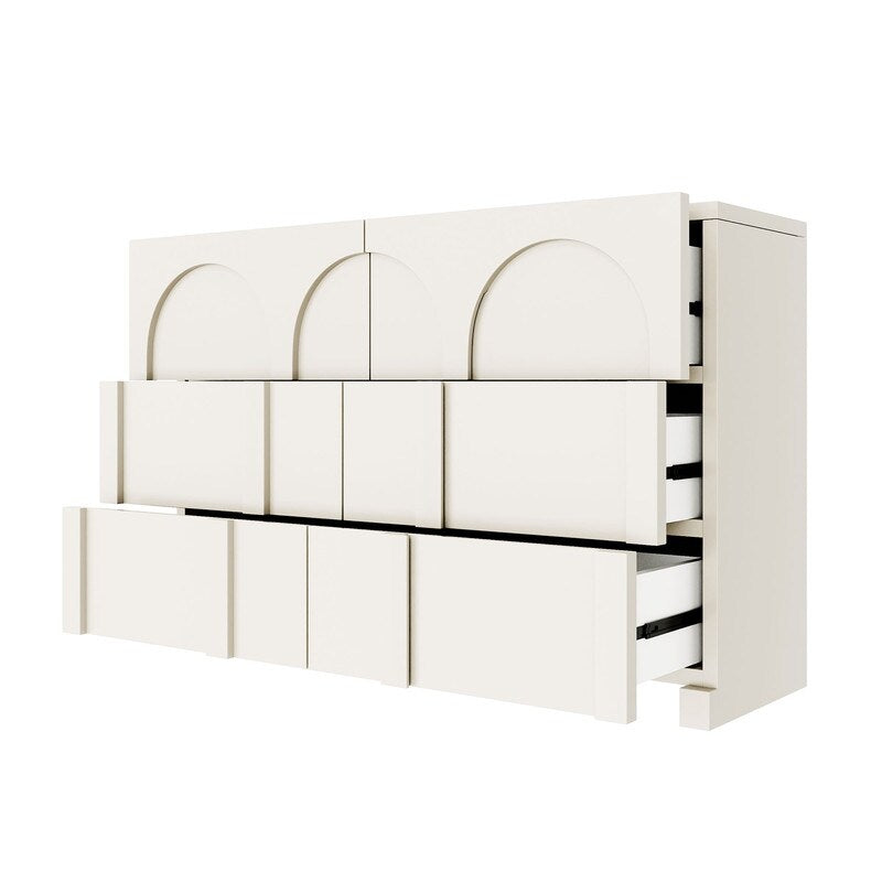 White French Style 6 Drawer Double Dresser, Rubber Wood Accent Storage Cabinet with Arch Door, Closet Chest of Drawers