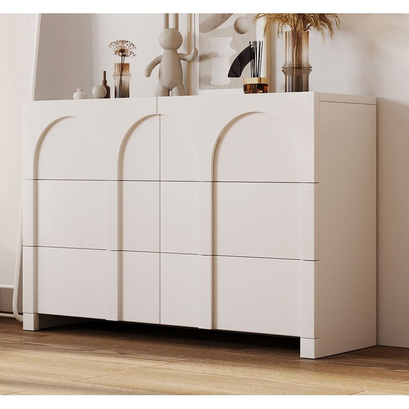 White French Style 6 Drawer Double Dresser, Rubber Wood Accent Storage Cabinet with Arch Door, Closet Chest of Drawers