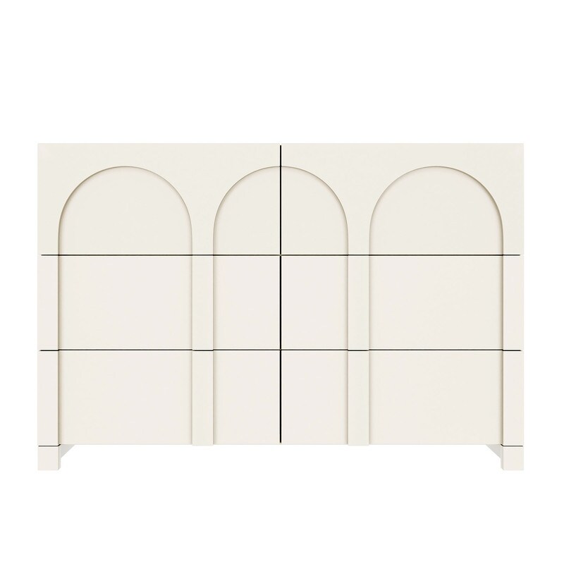 White French Style 6 Drawer Double Dresser, Rubber Wood Accent Storage Cabinet with Arch Door, Closet Chest of Drawers