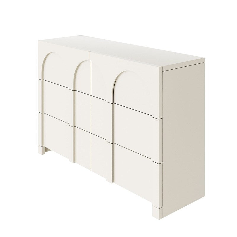 White French Style 6 Drawer Double Dresser, Rubber Wood Accent Storage Cabinet with Arch Door, Closet Chest of Drawers