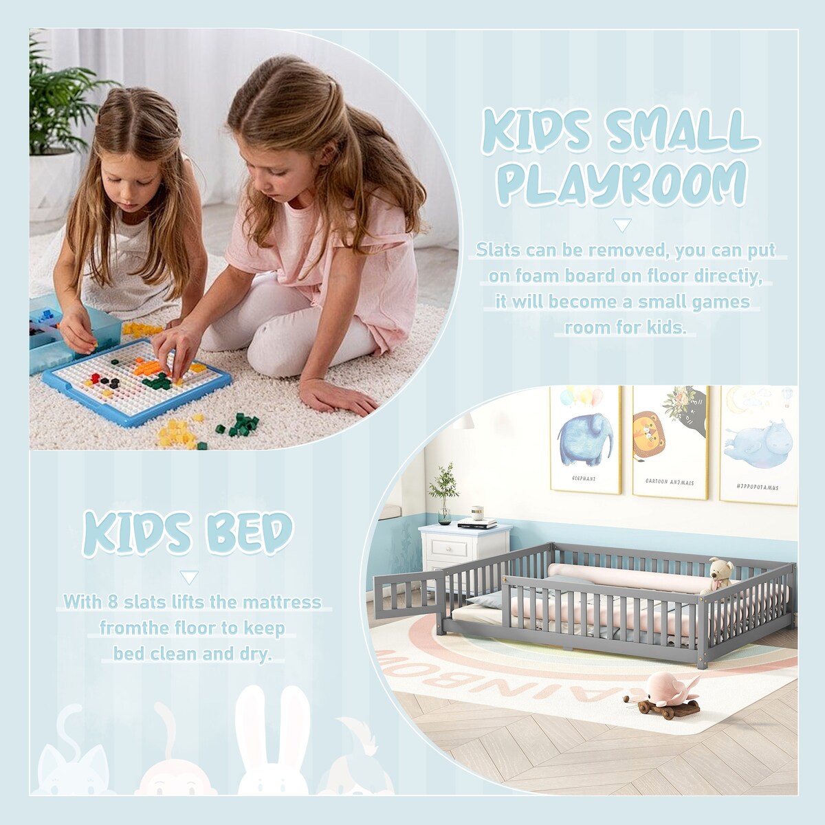 White Full Floor Bed with Safety Guardrails and Door for Kids