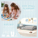 White Full Floor Bed with Safety Guardrails and Door for Kids