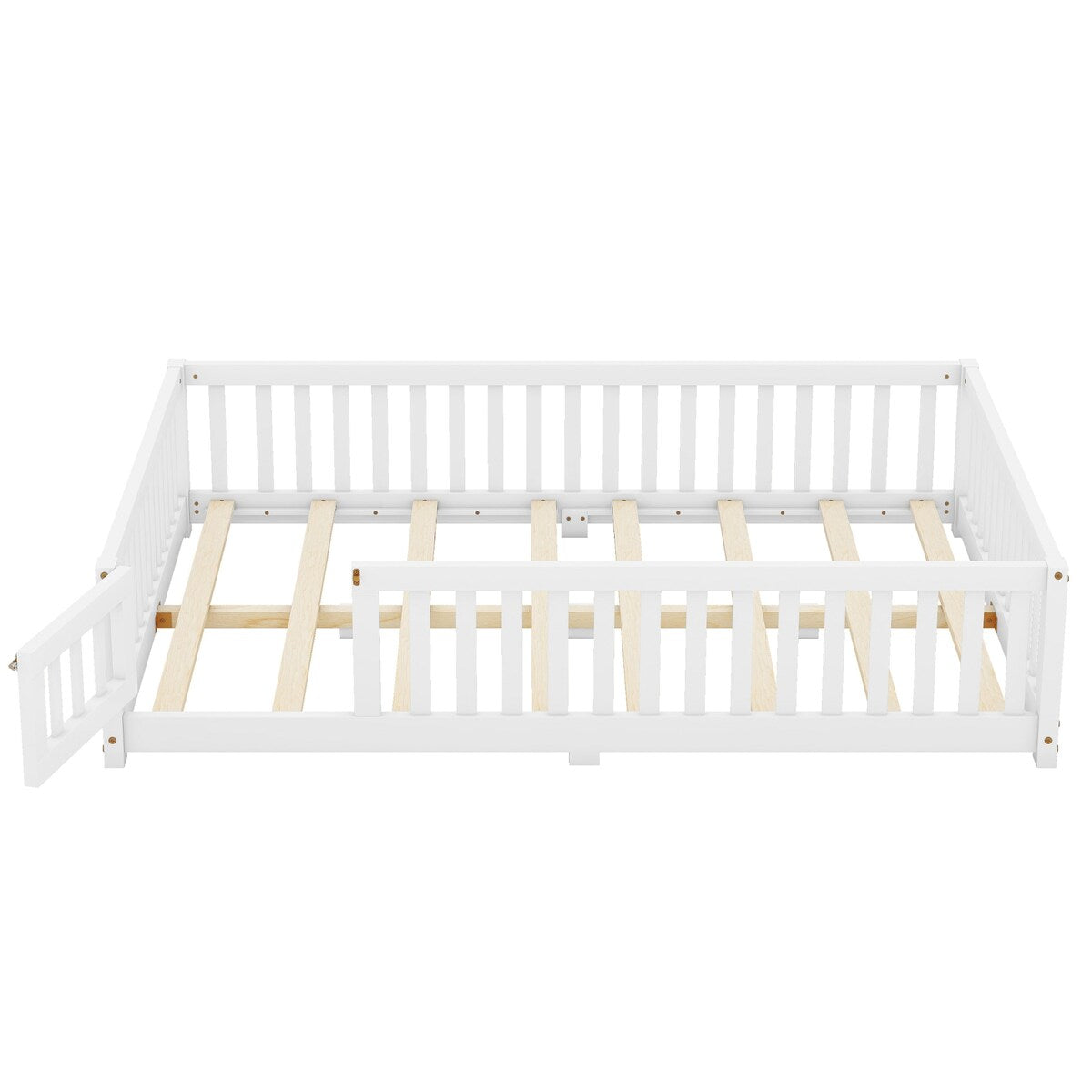 White Full Floor Bed with Safety Guardrails and Door for Kids