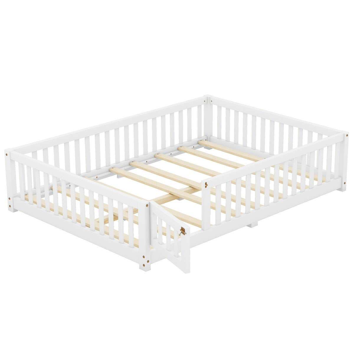 White Full Floor Bed with Safety Guardrails and Door for Kids