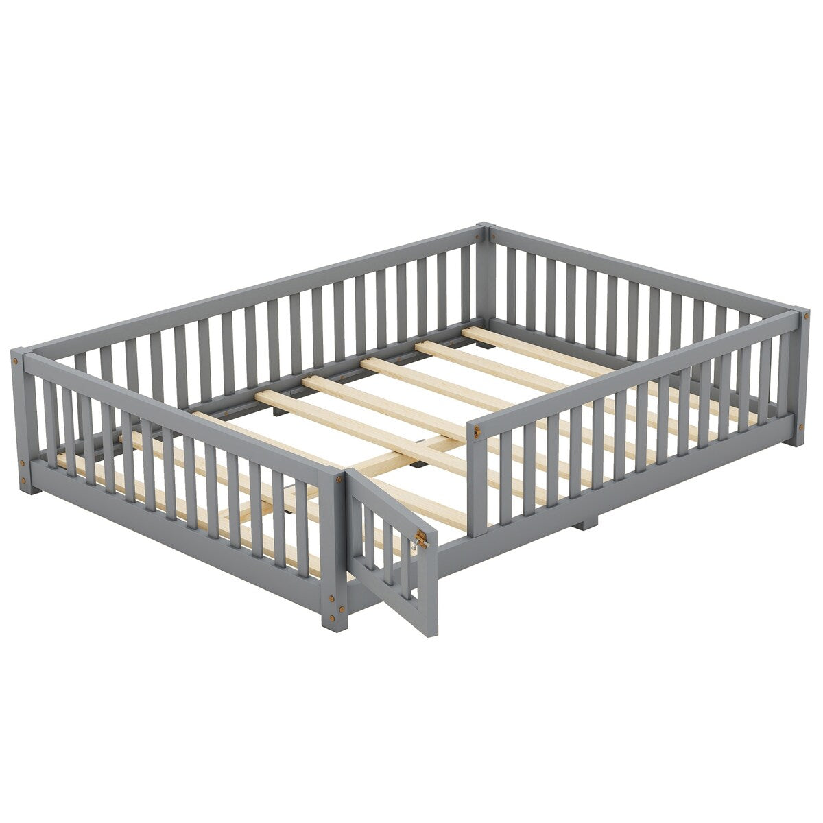 White Full Floor Bed with Safety Guardrails and Door for Kids