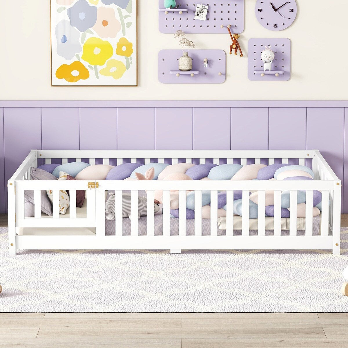 White Full Floor Bed with Safety Guardrails and Door for Kids