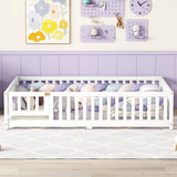 White Full Floor Bed with Safety Guardrails and Door for Kids