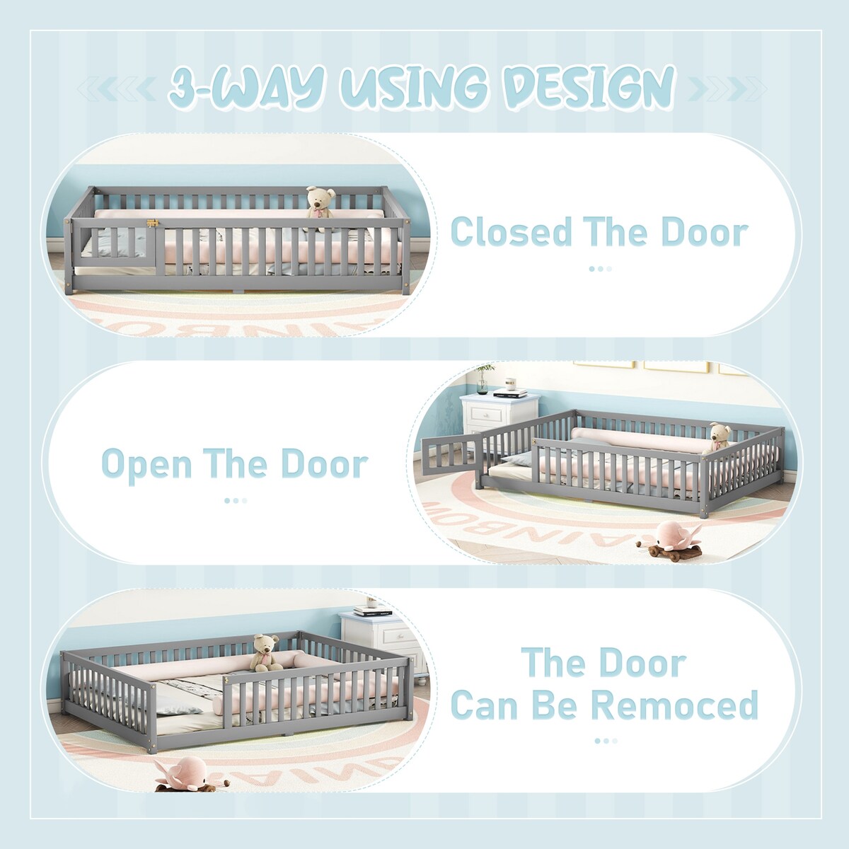 White Full Floor Bed with Safety Guardrails and Door for Kids