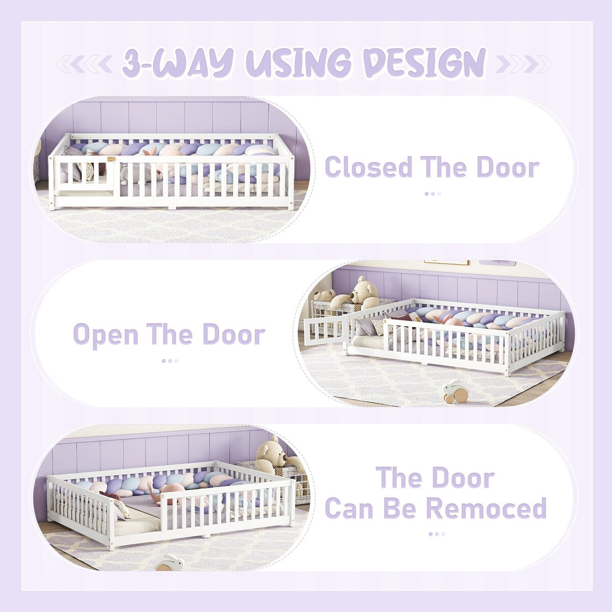 White Full Floor Bed with Safety Guardrails and Door for Kids