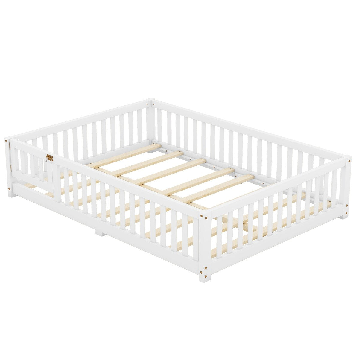 White Full Floor Bed with Safety Guardrails and Door for Kids
