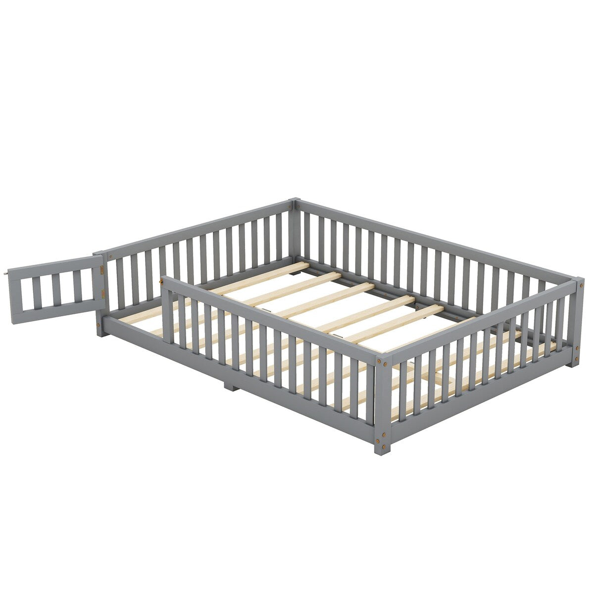 White Full Floor Bed with Safety Guardrails and Door for Kids