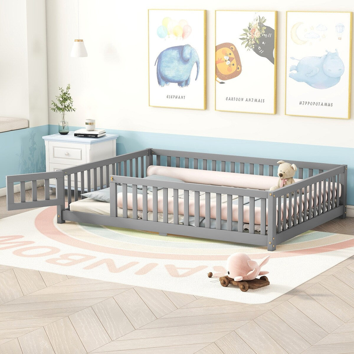White Full Floor Bed with Safety Guardrails and Door for Kids