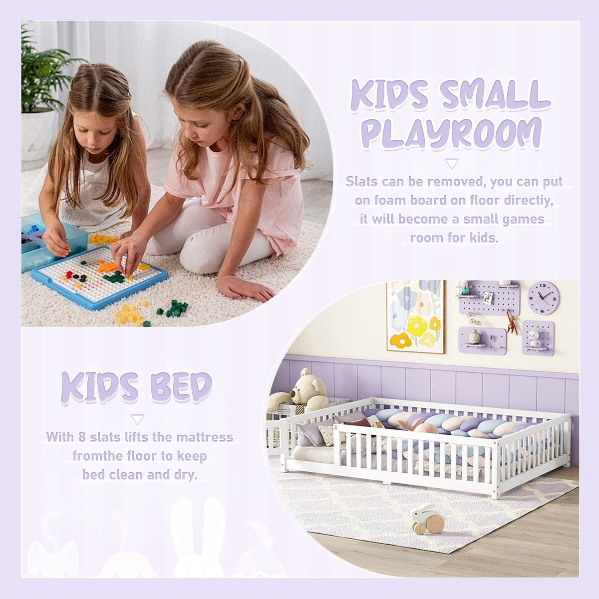 White Full Floor Bed with Safety Guardrails and Door for Kids