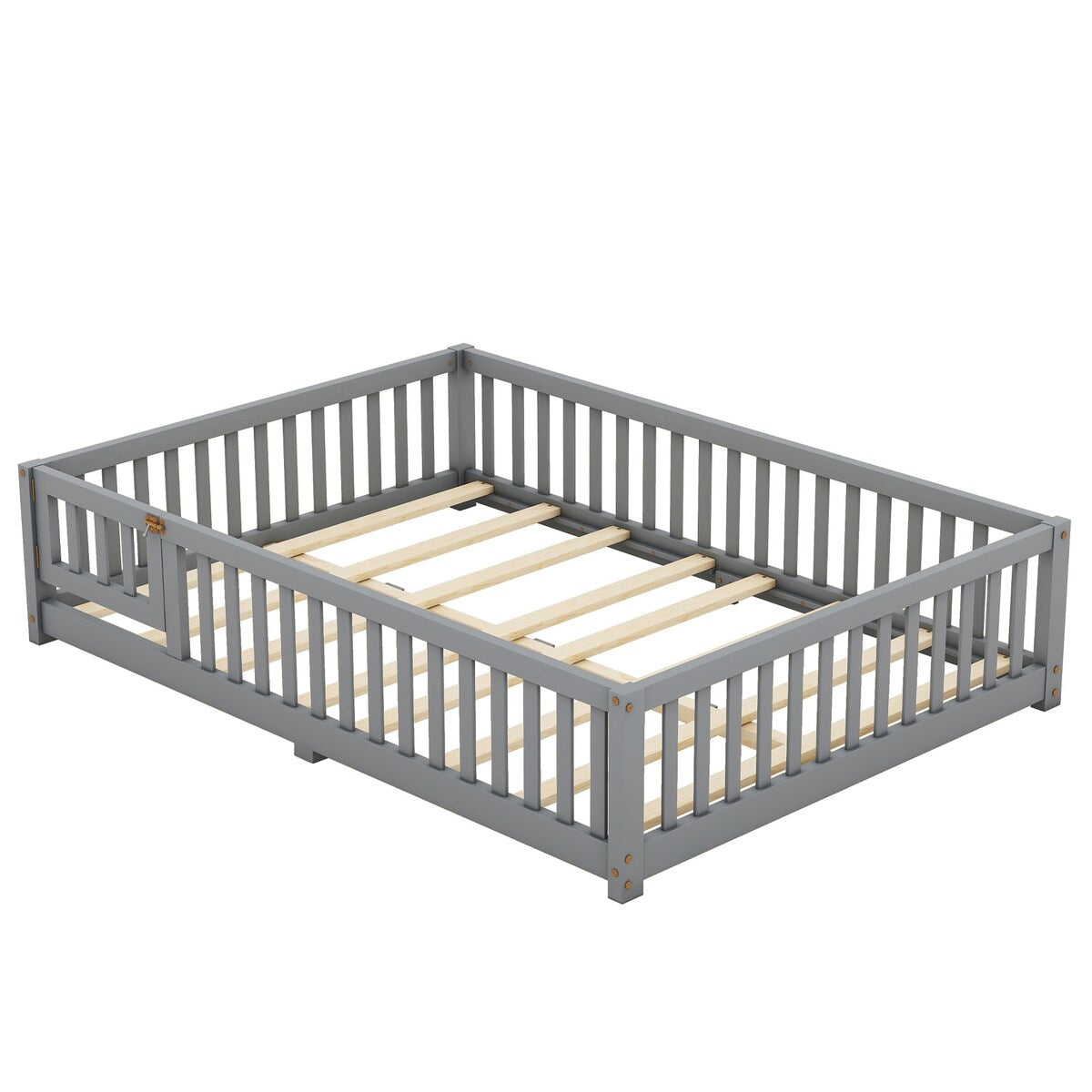 White Full Floor Bed with Safety Guardrails and Door for Kids