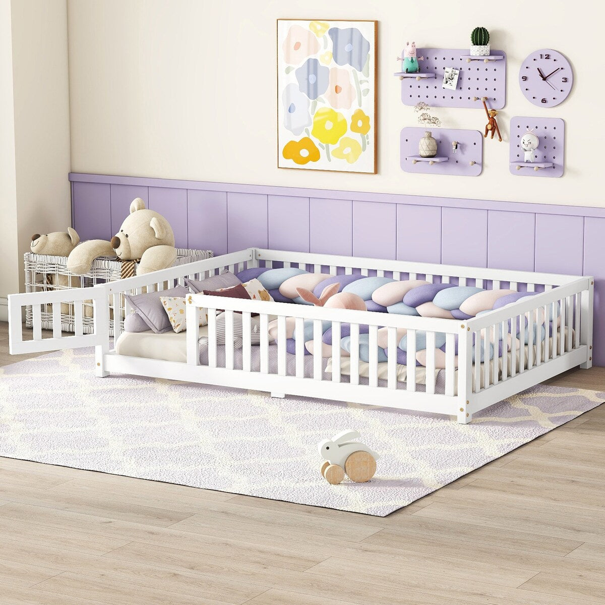 White Full Floor Bed with Safety Guardrails and Door for Kids
