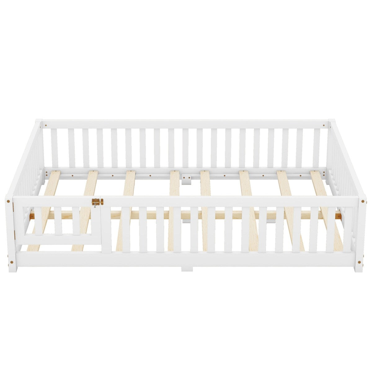 White Full Floor Bed with Safety Guardrails and Door for Kids