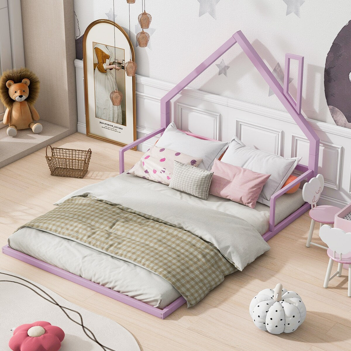 White Full Metal Floor Bed with House-Shaped Headboard